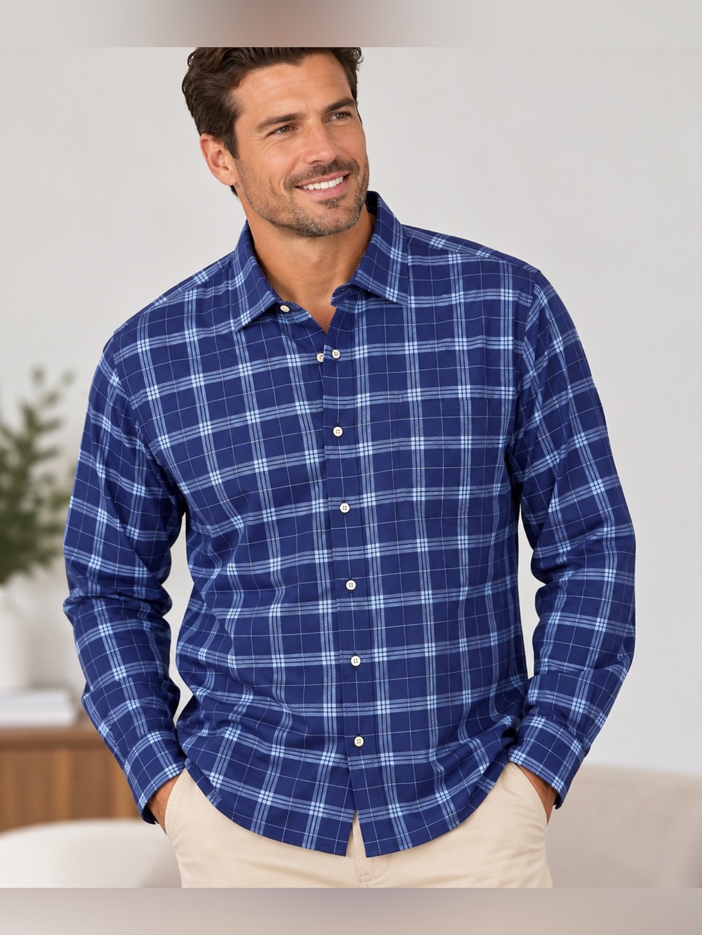 Peter Millar Men’s XL Navy Blue Plaid Long Sleeve Button Up Shirt Cotton